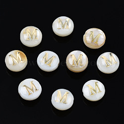 Natural Freshwater Shell Beads, with Golden Plated Brass Etched Metal Embellishments, Flat Round with Letter, Seashell Color, Letter.M, 6x4mm, Hole: 0.8mm(SHEL-S278-036M)