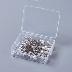 Iron Head Pins, Straight Pins, Dressmaker Pins, Sewing Pin for DIY Sewing Crafts, with Acrylic Imitation Pearl, Round, White, 64~65mm, Pin: 0.6mm, about 100pcs/box(NEED-WH0001-02)