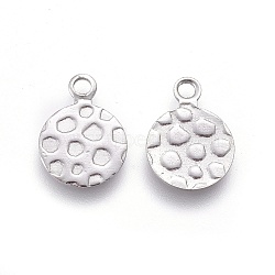 304 Stainless Steel Charms, Textured, Flat Round with Bumpy, Stainless Steel Color, 14x10x1mm, Hole: 1.8mm(STAS-E455-01P-10mm)