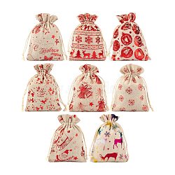 32Pcs 8 Styles Christmas Theme Cotton Gift Packing Pouches Drawstring Bags, for Christmas Party Candy Wrapping, Red, Mixed Patterns, 13.5~14.3x10cm, 8 style, 4pcs/style(ABAG-LS0001-01)