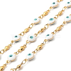 Enamel Flat Round with Evil Eye Link Chains, with Gold Plated 304 Stainless Steel Findings, Unwelded, with Spool, White, 11x6x3mm, 8x3x2mm(CHS-G021-01G-04)