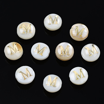 Natural Freshwater Shell Beads, with Golden Plated Brass Etched Metal Embellishments, Flat Round with Letter, Seashell Color, Letter.M, 6x4mm, Hole: 0.8mm