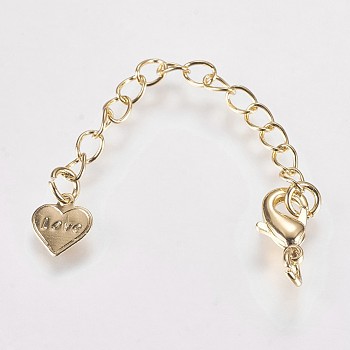 Long-Lasting Plated Brass Chain Extender, with Lobster Claw Clasps and Heart Tips, Real 18K Gold Plated, 67x3mm, Hole: 2.5mm