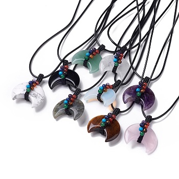 Adjustable Natural & Synthetic Mixed Gemstone Double Horn Pendant Necklace with Wax Cord for Women, 29.69~31.10 inch(75.4~79cm)