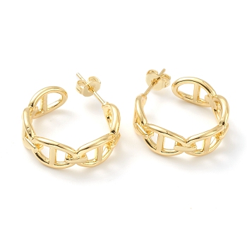 Brass Stud Earrings, Half Hoop Earrings, with Ear Nuts, Mariner Link Chain Shape, Real 18K Gold Plated, 20x7mm, Pin: 0.8mm