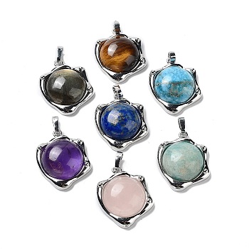 Natural Mixed Stone Pendants, Rack Plating Platinum Plated Brass Nuggets Charms, Cadmium Free & Lead Free, 23.5x19x6.5mm, Hole: 2.5x5.5mm