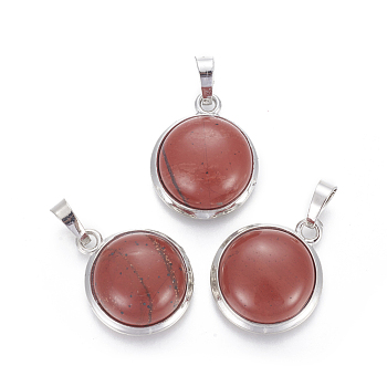 Natural Red Jasper Pendants, with Brass Findings, Half Round, Platinum, 23~24x19~20x8~10mm, Hole: 8x5mm