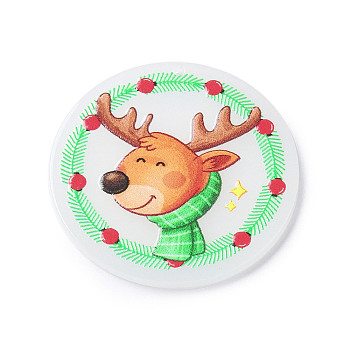 Christmas Acrylic Pendants, Flat Round Charm, Deer, 38x2mm, Hole: 1.3mm