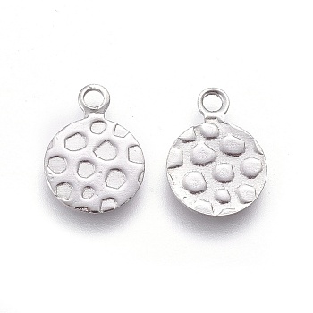 304 Stainless Steel Charms, Textured, Flat Round with Bumpy, Stainless Steel Color, 14x10x1mm, Hole: 1.8mm