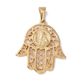 Vacuum Plating 304 Stainless Steel Pendants, Hollow Hamsa Hand with Man Charm, Golden, 32x27.5x1.5mm, Hole: 6.5x3mm