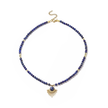 Natural Lapis Lazuli Beaded Necklaces, 304 Stainless Steel Fan Pendant Necklaces with Lobster Claw Clasp & Chain Extender for Women, 16-3/4 inch(42.5cm)