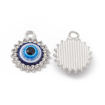 Alloy Crystal Rhinestone Pendants, with Resin Evil Eye, Flat Round Charms, Platinum, 19x16x4.5mm, Hole: 2.5x2mm