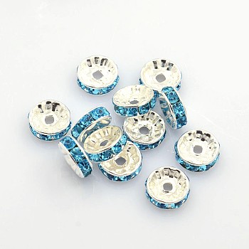 Brass Grade A Rhinestone Spacer Beads, Silver Color Plated, Nickel Free, Aquamarine, 10x4mm, Hole: 2mm