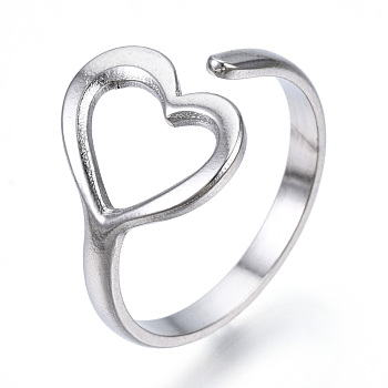 304 Stainless Steel Heart Open Cuff Ring, Hollow Chunky Ring for Women, Stainless Steel Color, US Size 7(17.3mm)