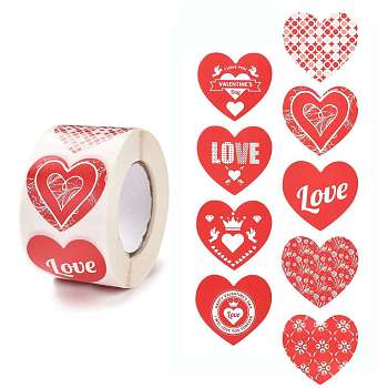 Valentine's Day Themed Self-Adhesive Stickers, Roll Sticker, Heart, for Party Decorative Presents, Mixed Patterns, 3.8x3.8cm, 500pcs/roll