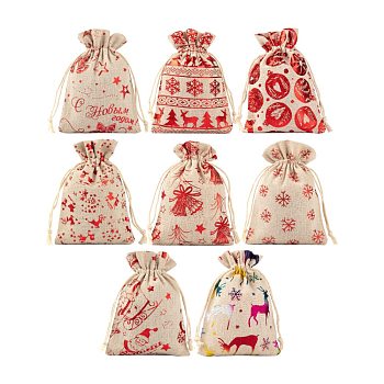32Pcs 8 Styles Christmas Theme Cotton Gift Packing Pouches Drawstring Bags, for Christmas Party Candy Wrapping, Red, Mixed Patterns, 13.5~14.3x10cm, 8 style, 4pcs/style