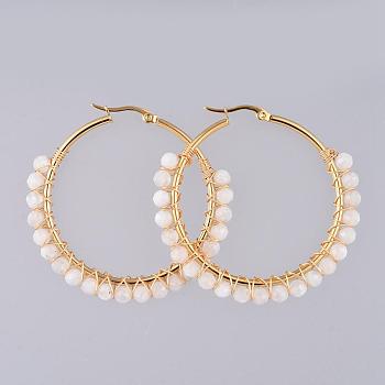 Beaded Hoop Earrings, with Natural Rainbow Moonstone Beads and Golden Plated 304 Stainless Steel Hoop Earrings, 50mm, Pin: 0.6x1mm
