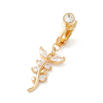 Leaf Cubic Zirconia Charm Belly Ring, Clip On Navel Ring, Non Piercing Jewelry for Women, Golden, 40mm