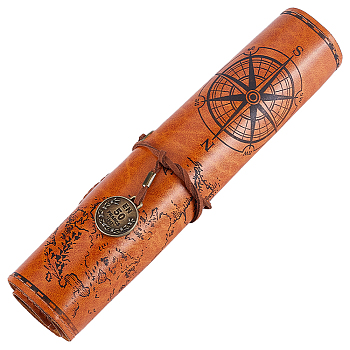 Map & Compass Pattern Leather Pen Bag, Pencil Wrap, Roll Pen Case Holder, with Alloy Charm, Rectangle, Peru, 305x206x2mm