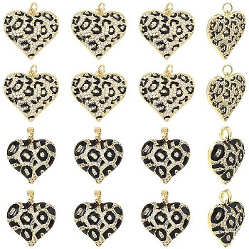 2Pcs 2 Styles Rack Plating Brass Cubic Zirconia Pendants, Heart with Leopard Print Charms, with Enamel, Long-Lasting Plated, Lead Free & Cadmium Free, with Jump Ring, Real 18K Gold Plated, 19~22.5x20~23.5x2~5mm, Hole: 3~4.5mm, 1pc/style