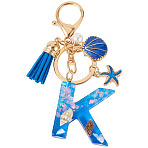 Star Resin & Shell Keychains, with Glitter Powder & Alloy Lobster Claw Clasps & Enamel & ABS Imitation Pearl & Faux Suede Tassel, Golden, Letter K, 50x35mm(KEYC-TAC00087-01K)