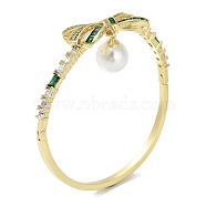 Rack Plating Brass Pave Cubic Zirconia Bowknot Hinged Bangles for Women, with Round Plastic Imitation Pearl, Real 18K Gold Plated, Cadmium Free & Lead Free, Long-Lasting Plated, Dark Green, Inner Diameter: 2-3/8 inch(6cm)(BJEW-R317-03G-01)