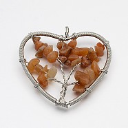 Brass Gemstone Pendants, Heart with Tree of Life, Platinum, 46~50x48~53x10mm, Hole: 5mm(G-F181-06)