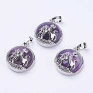 Natural Amethyst Pendants, with Brass Findings, Flat Round with Fox, Platinum, 28~29x23~24x9~10mm, Hole: 5x7mm(G-K234-A03)