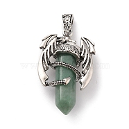 Natural Green Aventurine Pointed Pendants, Faceted Bullet Charms, with Rack Plating Platinum Tone Alloy Dragon Findings, Cadmium Free & Lead Free, 39~41x24~25x13~14mm, Hole: 4x8mm(G-B042-04P-56)