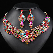 Flower Alloy Rhinestone Pendant Necklaces & Stud Dangle Earrings Sets, Rose Gold, 420mm(WG73580-01)