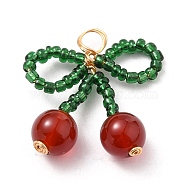 Glass Seed Beads Pendants, with Natural Red Agate Carnelian Beads and Copper Wire, Bowknot, Green & Red, Real 18K Gold Plated, 26x25x8mm, Hole: 4.5mm, Beads: 8mm(PALLOY-JF00520)