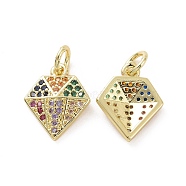 Brass Micro Pave Colorful Cubic Zirconia Charms, with Jump Ring, Diamond, Real 18K Gold Plated, 13x11x3mm, Hole: 3.2mm(KK-E068-VF157)