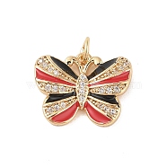 Brass Micro Pave Clear Cubic Zirconia Pendants, with Enamel and Jump Ring, Real 18K Gold Plated, Butterfly, Black, 14.5x18x3mm, Hole: 3mm(KK-E111-35G-02)