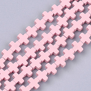 Spray Painted Non-magnetic Synthetic Hematite Beads Strands, Cross, Pink, 6~6.5x6~6.5x2.5mm, Hole: 0.8mm, about 66~75pcs/strand, 16.5 inch~18.7 inch(G-T116-18A-05)