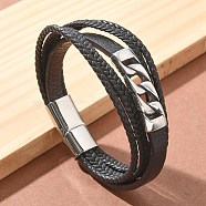 Braided Microfiber Leather Multi-strand Bracelets, 304 Stainless Steel Sqaure Charm Bracelets for Women Men, Black, 8-1/2 inch(21.5cm)(BJEW-Q010-03A)