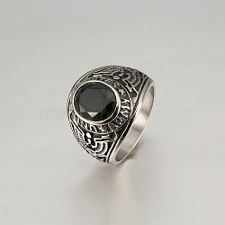 304 Stainless Steel with Cubic Zirconia Finger Rings for Men, Oval, Antique Silver, Black, US Size 10(19.8mm)(FS-WG6F3D4-04)