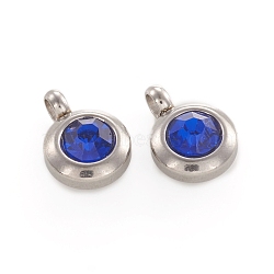 Trendy Original Color 304 Stainless Steel Grade A Rhinestone Flat Round Charm Pendants, September Birthstone Charms, Faceted, Stainless Steel Color, Sapphire, 9x6.5x4mm, Hole: 2mm(RB-M030-06O)