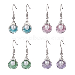 4 Pair 4 Color Alloy Enamel Shell Shape Dangle Earrings with Plastic Pearl Beaded, 316 Surgical Stainless Steel Jewelry for Women, Mixed Color, 33.5mm, Pin: 0.6mm, 1 Pair/color(EJEW-JE05249)