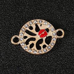 Zinc Alloy Red & Black Enamel Connector Charms, with Crystal Rhinestone, Flat Round with Ladybug, Light Gold, 15x21mm, Hole: 2mm(FIND-TAC0009-32KCG)