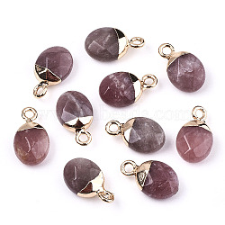 Natural Strawberry Quartz Charms, Top Light Gold Plated, with Iron Loop, Oval, Faceted, 14~15x8x5mm, Hole: 1.8mm(X-G-N326-58F)