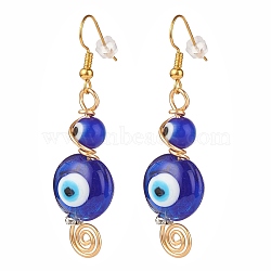 Lampwork Evil Eye Dangle Earrings, Brass Wire Wrap Jewelry for Women, Blue, 57.5mm, Pin: 0.9mm(EJEW-JE04918)