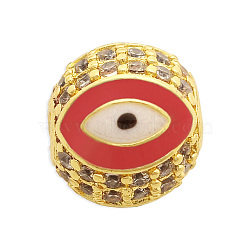 Brass Micro Pave Clear Cubic Zirconia Beads, with Enamel, Round with Eye, Red, 10.5x10mm, Hole: 2mm, 3pcs/bag(KK-T030-LA839-5X3)