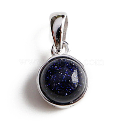 Rhodium Plated 925 Sterling Silver Pave Synthetic Blue Goldstone Half Round Charms, Real Platinum Plated, 9.5x7mm(G-NH0001-12C)