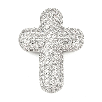 Brass Micro Pave Clear Cubic Zirconia Beads, Cross, Platinum, 29.5x22x8mm, Hole: 2mm