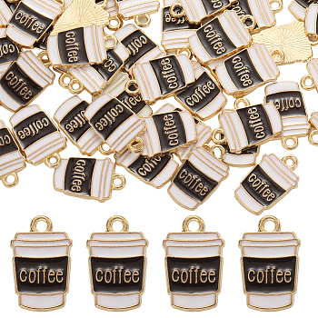 80Pcs Alloy Enamel Pendants, Light Gold, Coffee Cup with Word, Coconut Brown, 18x11x1mm, Hole: 1.8mm
