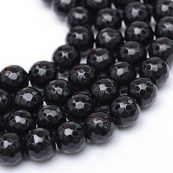 Glass Beads Strands, Faceted, Round, Black, 8~9mm, Hole: 1mm, about 45~47pcs/strand, 14.4~15.2 inch