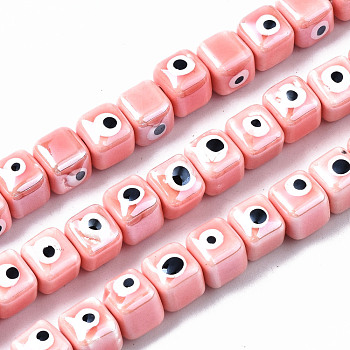 Handmade Porcelain Ceramic Beads Strands, Bright Glazed Porcelain, Cube with Evil Eye, Pink, 9.5x8.5x8.5mm, Hole: 1.5mm, about 40pcs/strand, 12.99 inch(33cm)