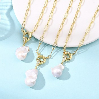 Natural Baroque Pearl Keshi Pearl Nuggets Pendant Brass Paperclip Chain Necklaces for Women, White, Real 18K Gold Plated, 17.32 inch(44cm)