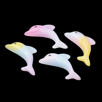 Resin Cabochons, with Glitter Powder, Imitation Jelly, Dolphin, Mixed Color, 19x34x6mm