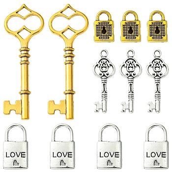 8Pcs 4 Styles Tibetan Style Alloy Skeleton Key Lock Pendants, Antique Silver & Golden, 18~60x8~21x5mm, Hole: 2.5~5mm, 2pcs/style